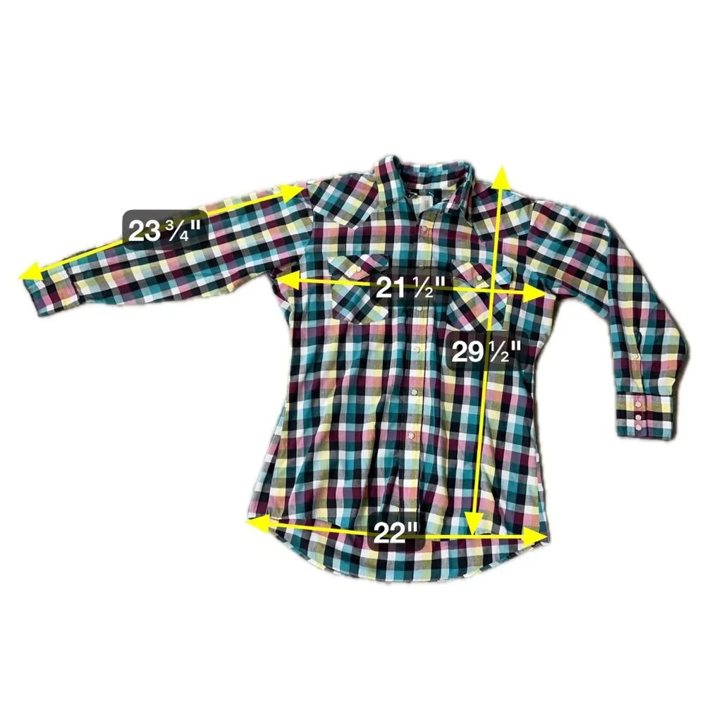 Vintage Saddle King Western Pearl Snap Plaid Shirt Cotton USA Made Teal Pink M/L - Picture 7 of 7